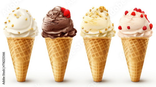 Colorful assortment of ice cream cones with various delicious toppings. Perfect for food-related projects or sweet dessert concepts