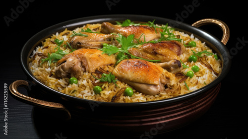 Delicious pan of rice with tender chicken and vibrant green peas. Ideal for food blogs, recipe websites, or cooking-related articles