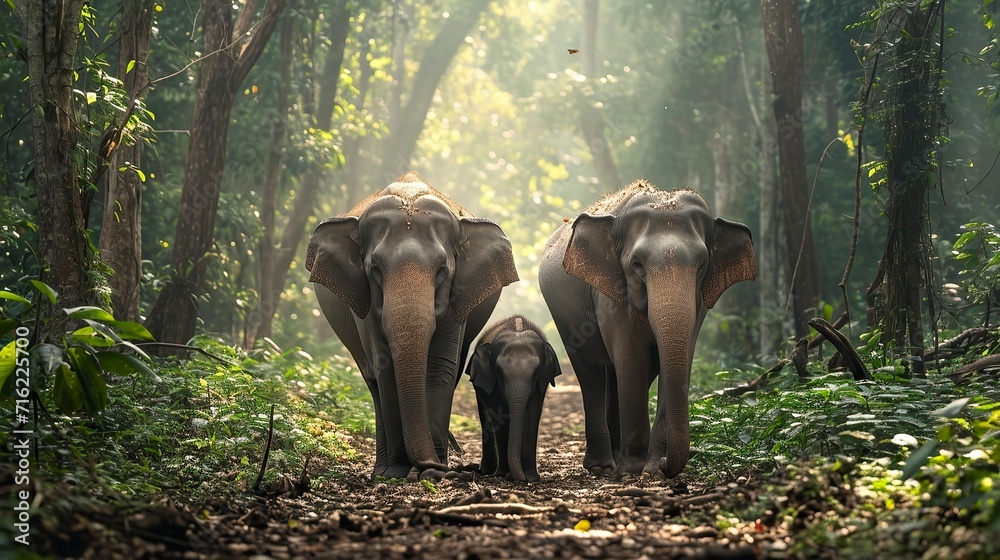 © CREATIVE STOCK - elephant family walking together in the forest, Misty Weather © CREATIVE STOCK - elephant family walking together in the forest, Misty Weather
