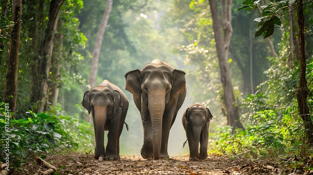 Fototapeta premium elephant family walking together in the forest, Misty Weather