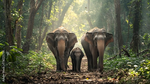 elephant family walking together in the forest, Misty Weather photo