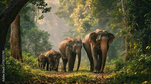 elephant family walking together in the forest, Misty Weather