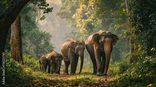 Obraz elephant family walking together in the forest, Misty Weather