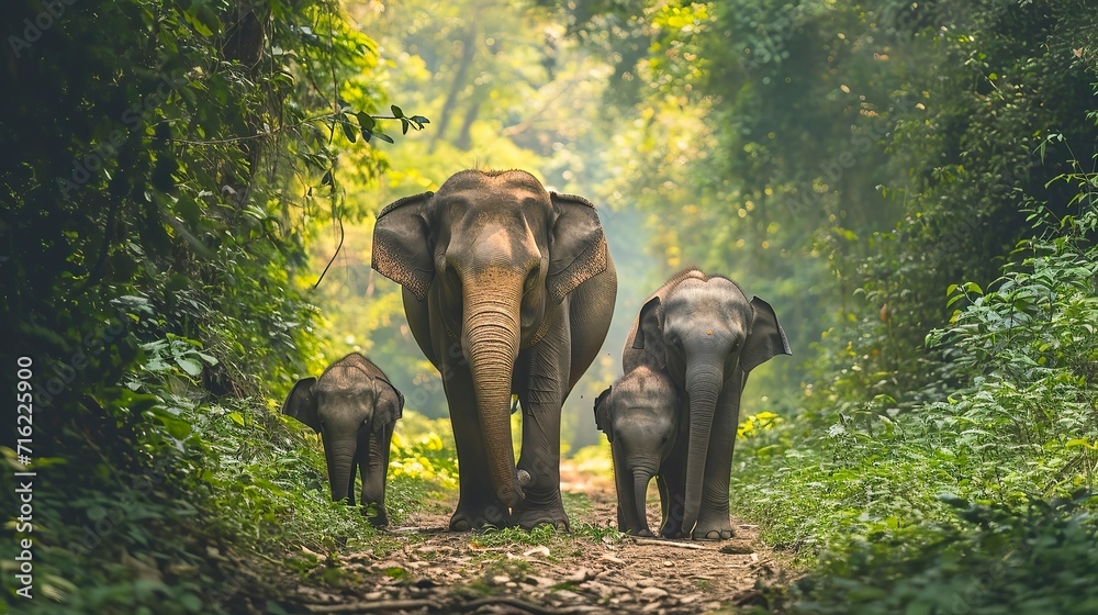 Fototapeta premium elephant family walking together in the forest, Misty Weather
