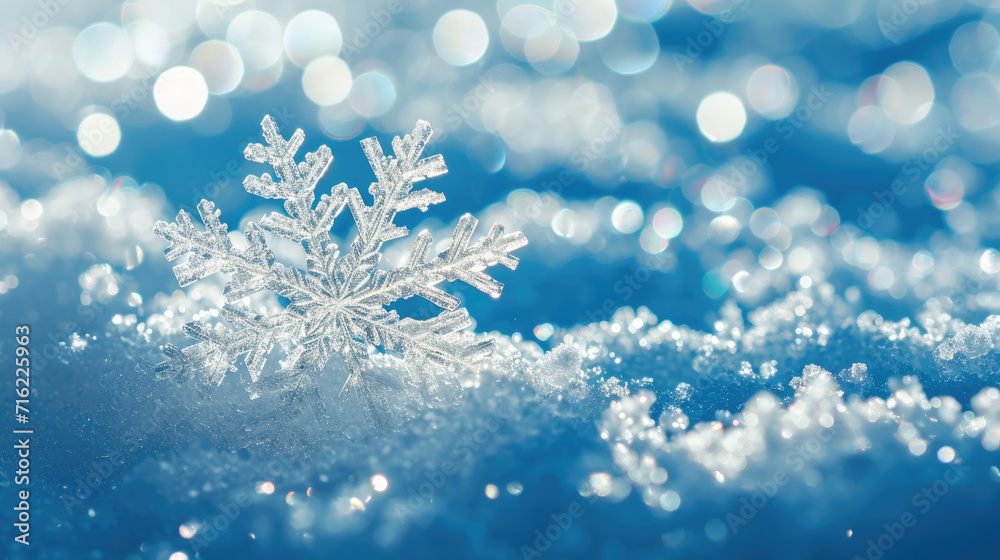 Detailed close-up of snowflake on ground covered in snow Detailed close-up of snowflake on ground covered in snow
