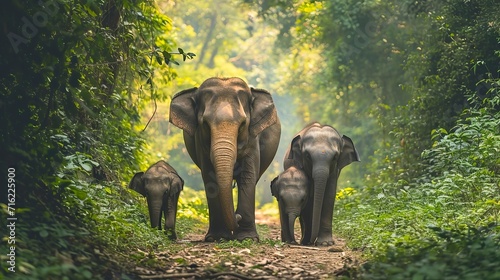 elephant family walking together in the forest, Misty Weather © CREATIVE STOCK