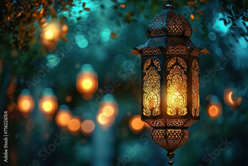 Enchanting Night Illuminated Ornate Lantern Amidst Lush Greenery, Casting a Warm Glow in the Mystical, Serene Evening Atmosphere