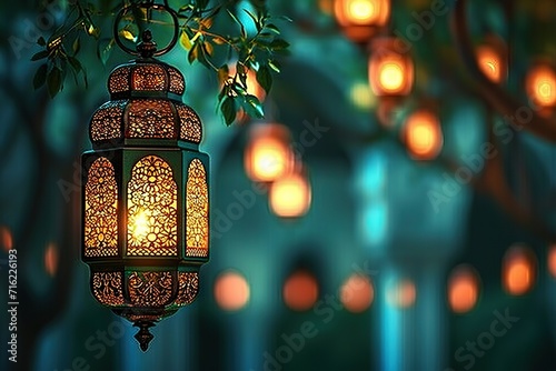 Enchanting Night Illuminated Ornate Lantern Amidst Lush Greenery, Casting a Warm Glow in the Mystical, Serene Evening Atmosphere © photobuay