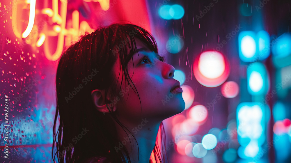 Asian young woman portrait in neon city. Rain day lighting