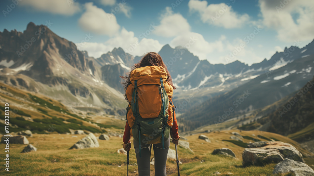 A woman hiking travel with backpack. Mountains landscape background