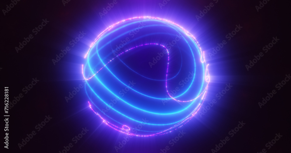 Abstract blue purple glowing digital high-tech futuristic energy plasma sphere with lines and particles on dark black background