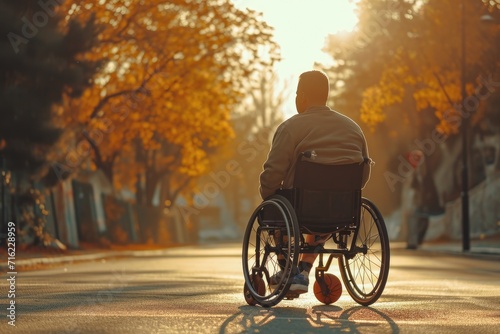 Wheelchair-using man on an outdoor basketball court playing hoops. Generative Ai. © Planum