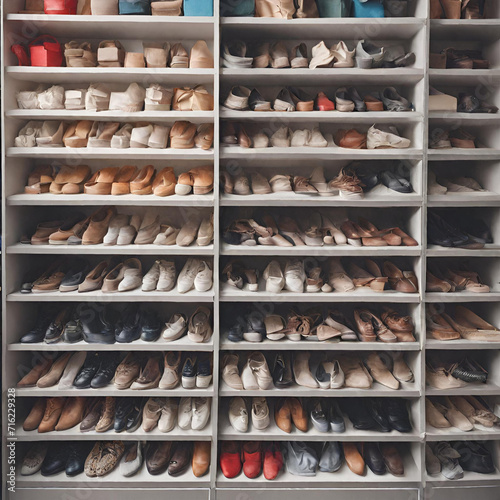 A shelf filled with neatly arranged shoes
