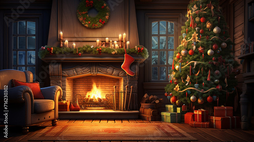 A_cozy_living_room_with_a_crackling_fireplace_stockings © slonlinebro
