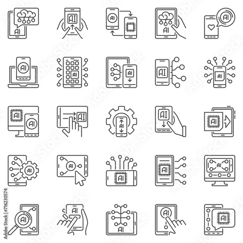 AI Smartphone outline icons set - Artificial Intelligence in Smartphone concept line symbols