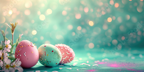 Whimsical Easter joyful background  lights in the spring background   pink   turquoise   colorful eggs