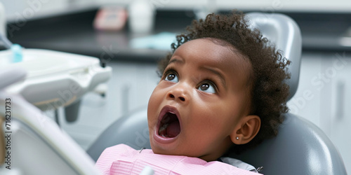 African child sits in the dentist's chair with his mouth open