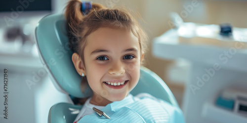 Smiling elementary school girl sitting in dentist chair exposing white teeth. Creative banner with happy child kid for pediatric dentistry. Children treatment teeth, medical checkup concept