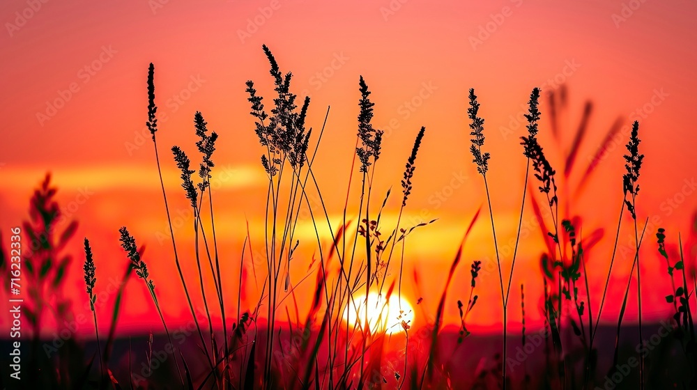 Silhouetted wild grass against vibrant sunset Silhouetted wild grass against vibrant sunset