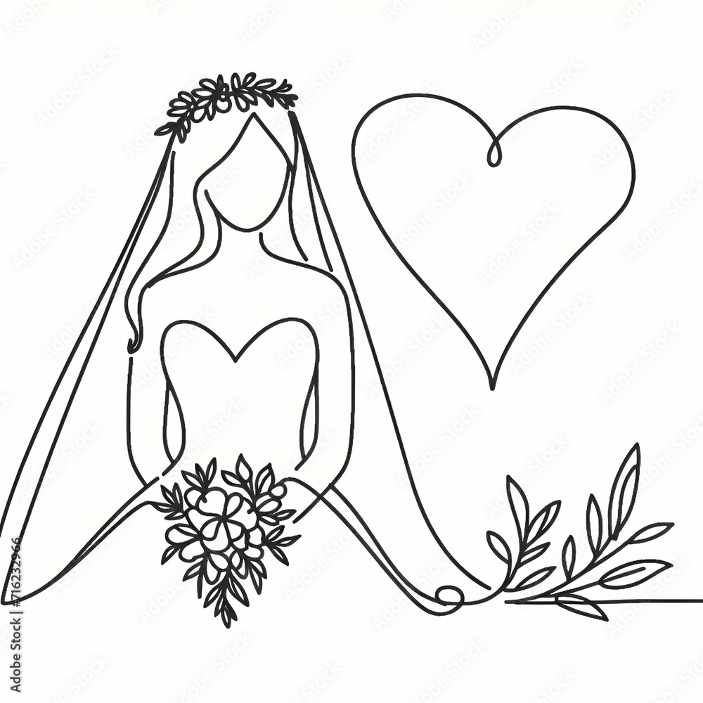 One continuous line drawing of bride in love, valentine's day. simple linear style. Editable stroke. Doodle vector illustration One continuous line drawing of bride in love, valentine's day. simple linear style. Editable stroke. Doodle vector illustration