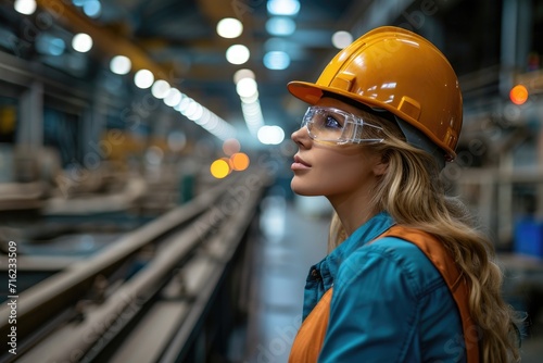 A female industrial worker is donning a safety helmet. Generative Ai.