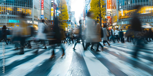 Motion blurred people crossing a pedestrian in Tokyo, depicting the busy urban lifestyle and bustling city atmosphere. © NE97