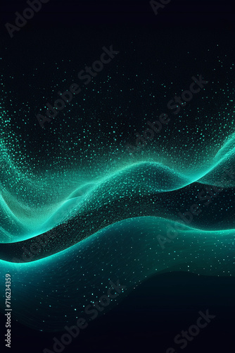 Flowing dots particles wave pattern blue green gradient light isolated on black background. A vector in concepts of technology, science, music, and modern.