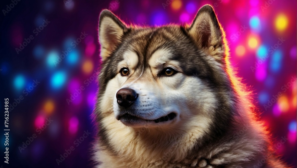 Fototapeta premium A portrait photo highlighting an Alaskan Malamute dog, set against a backdrop of vibrant neon lights
