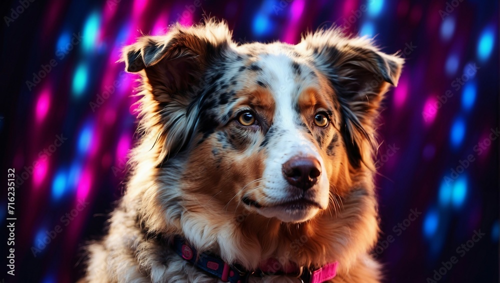 A portrait photo featuring an Australian Shepherd Dog, with vibrant neon lights illuminating the background
