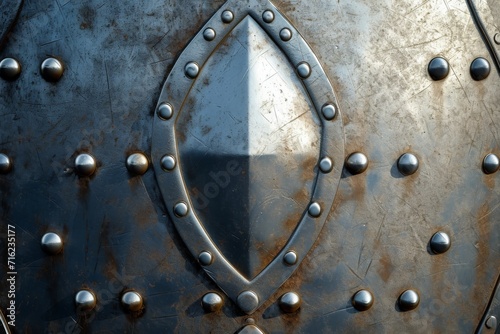 Golden rivets are symmetrically placed around the perimeter and center of the shield