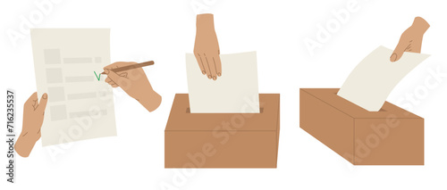 A hand puts a ballot into a ballot box. Political democratic elections, referendum. Presidential candidates. Vector illustration isolated on transparent background.