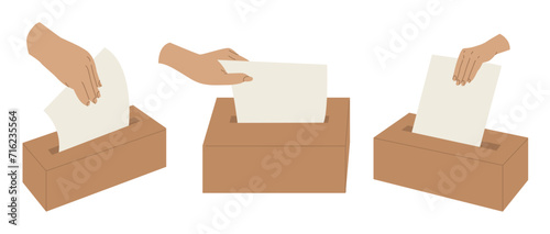 A hand puts a ballot into a ballot box. Political democratic elections, referendum. Presidential candidates. Vector illustration isolated on transparent background.