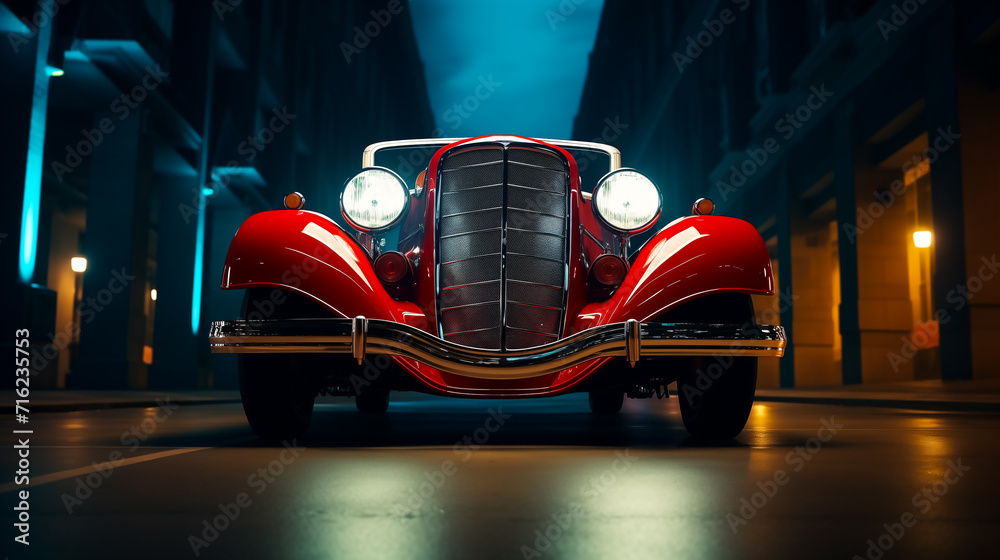 Illustrative concept of red 1930 s  luxury classic car in the middle of street night time view, Generative AI image. - obrazy, fototapety, plakaty 