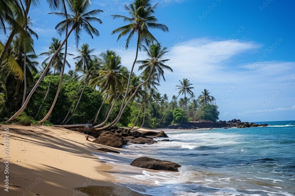 Tropical coastline adorned with slender coconut palms. Generative AI