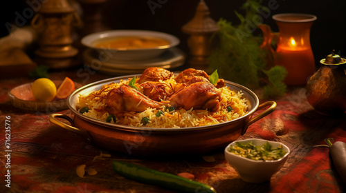 Illustrative concept of Hyderabadi style chicken biryani dinner, Famous Indian dish, Generative AI image.
