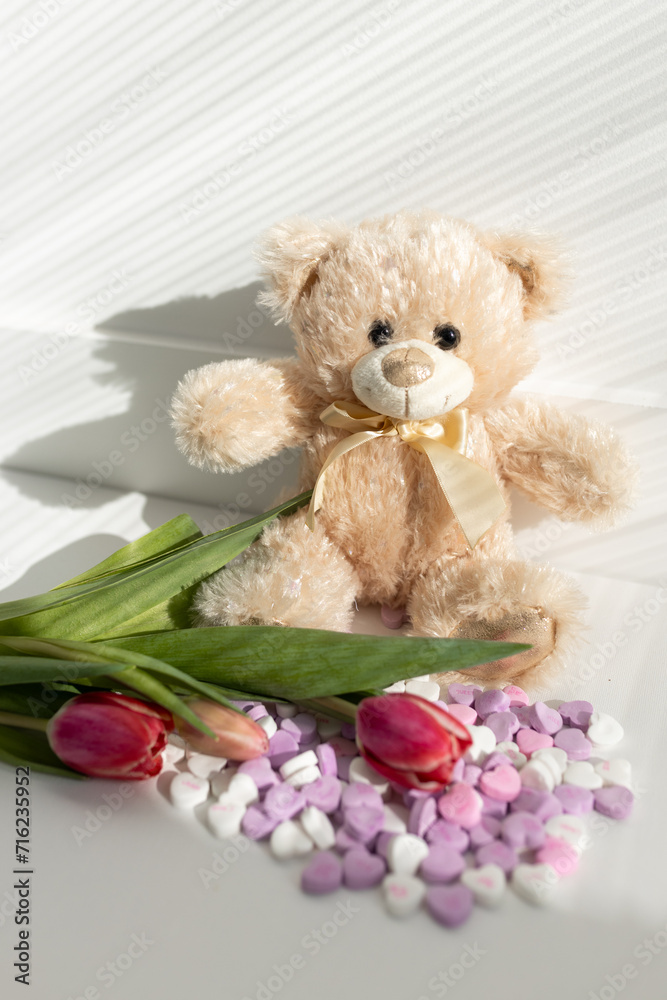 Background for Valentine's Day. Assorted pink and white heart shaped candies with printed messages of love, pink tulips and beige cute Teddy bear on a white background. Gift for Women's Day, March 8 Background for Valentine's Day. Assorted pink and white heart shaped candies with printed messages of love, pink tulips and beige cute Teddy bear on a white background. Gift for Women's Day, March 8