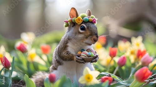 Funny squirrel walking colourful flower garden with easter eggs. Creative animal cute pet character, 3d digital art cartoon illustration, fantasy surreal abstract happy spring landscape background.