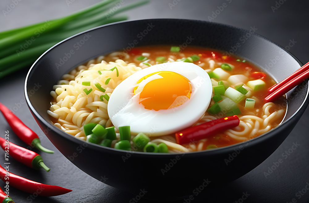 Ramen. Noodles in bowl closeup. Asian food, photo for cafe, restaurant and delivery. Traditional oriental meal, spicy soup with egg in plate, wooden table