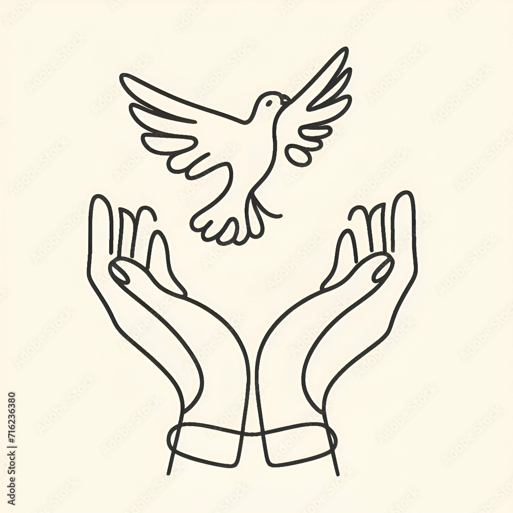 One continuous line drawing of flying dove with two hands. Bird symbol of peace and freedom in simple linear style. Mascot concept for national labor movement icon. Doodle vector illustration One continuous line drawing of flying dove with two hands. Bird symbol of peace and freedom in simple linear style. Mascot concept for national labor movement icon. Doodle vector illustration