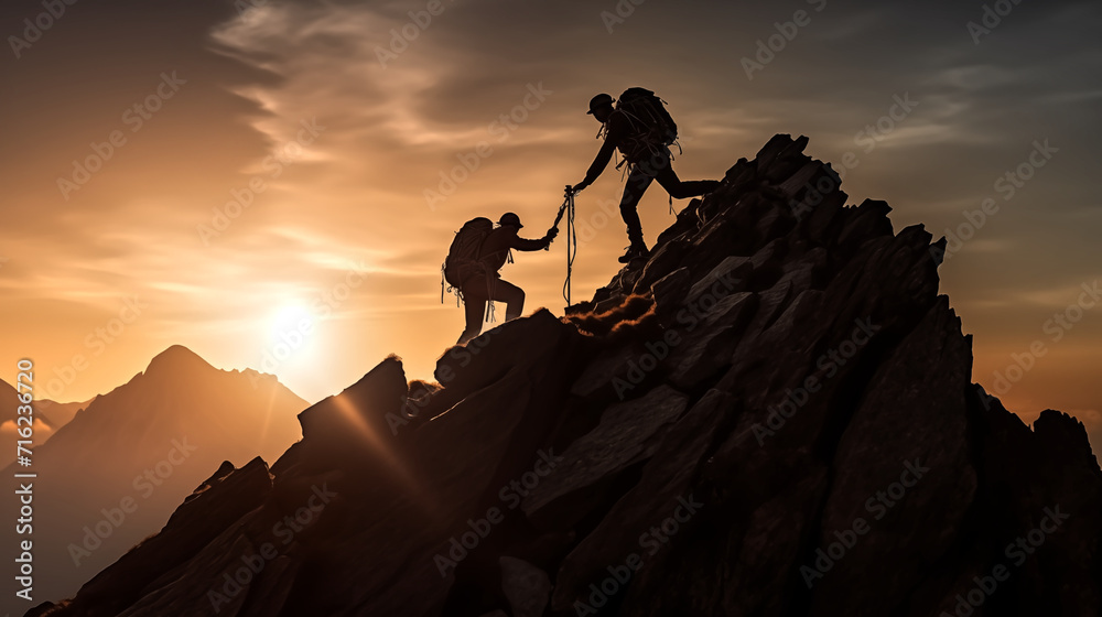 Photo of sillhouette two climbers ascending a steep mountain slo