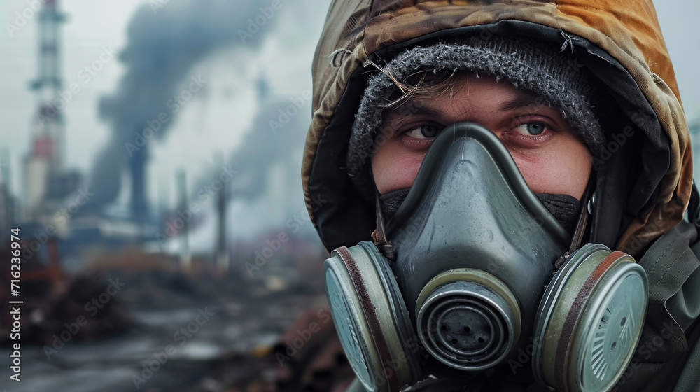 Man wearing a chemical mask and factory smoked Man wearing a chemical mask and factory smoked