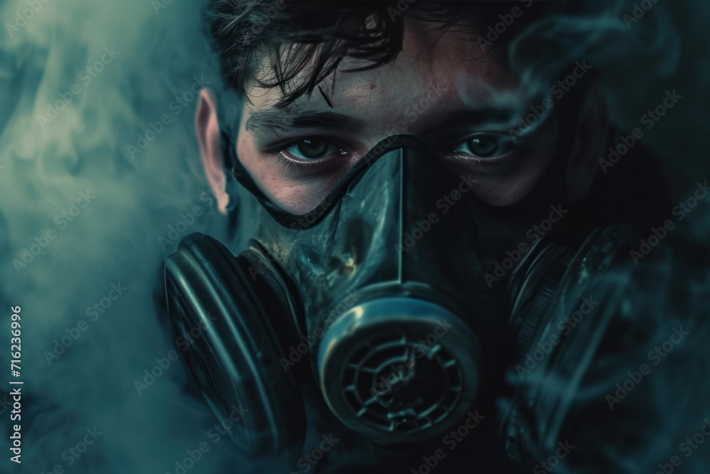 Man wearing a chemical mask and factory smoked Man wearing a chemical mask and factory smoked