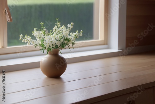 Small white flowers in cute ceramic vase on morning light in window