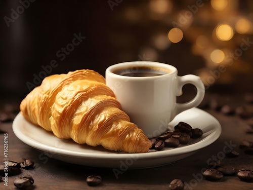 Morning bliss: Croissant on a stylish tray, paired with coffee in soft light. Savor the flaky layers, embrace indulgence. 