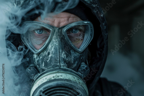 Man wearing a chemical mask and factory smoked