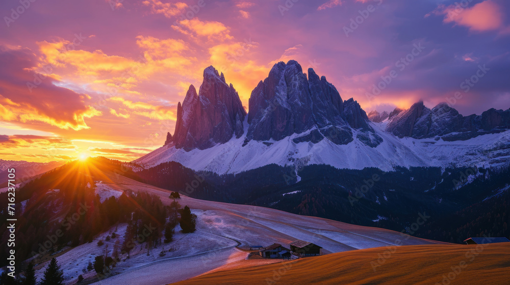 sunset at Seiser Alm in South Tyrol in the winter - obrazy, fototapety, plakaty 