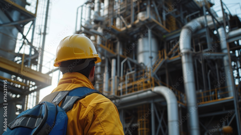 Engineer technician watching team of workers on high steel platform