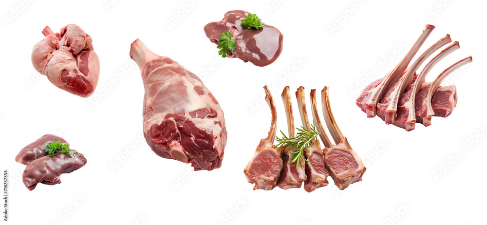 Collection of raw part of lamb meat: Heart of Lamb, Leg of Lamb, Liver of Lamb, Rack of Lamb isolated on transparent background Collection of raw part of lamb meat: Heart of Lamb, Leg of Lamb, Liver of Lamb, Rack of Lamb isolated on transparent background