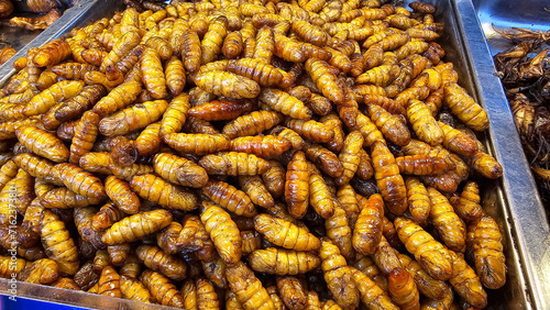 Exotic Thai street food Fried insects in a market showcase, Creating a delicious and healthy snack option. The bugs are often deep fried mixed with pandan, salted before being served. photo