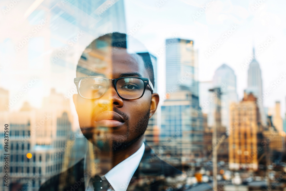 Fototapeta premium American African Businessman handsome, double exposure with modern city road